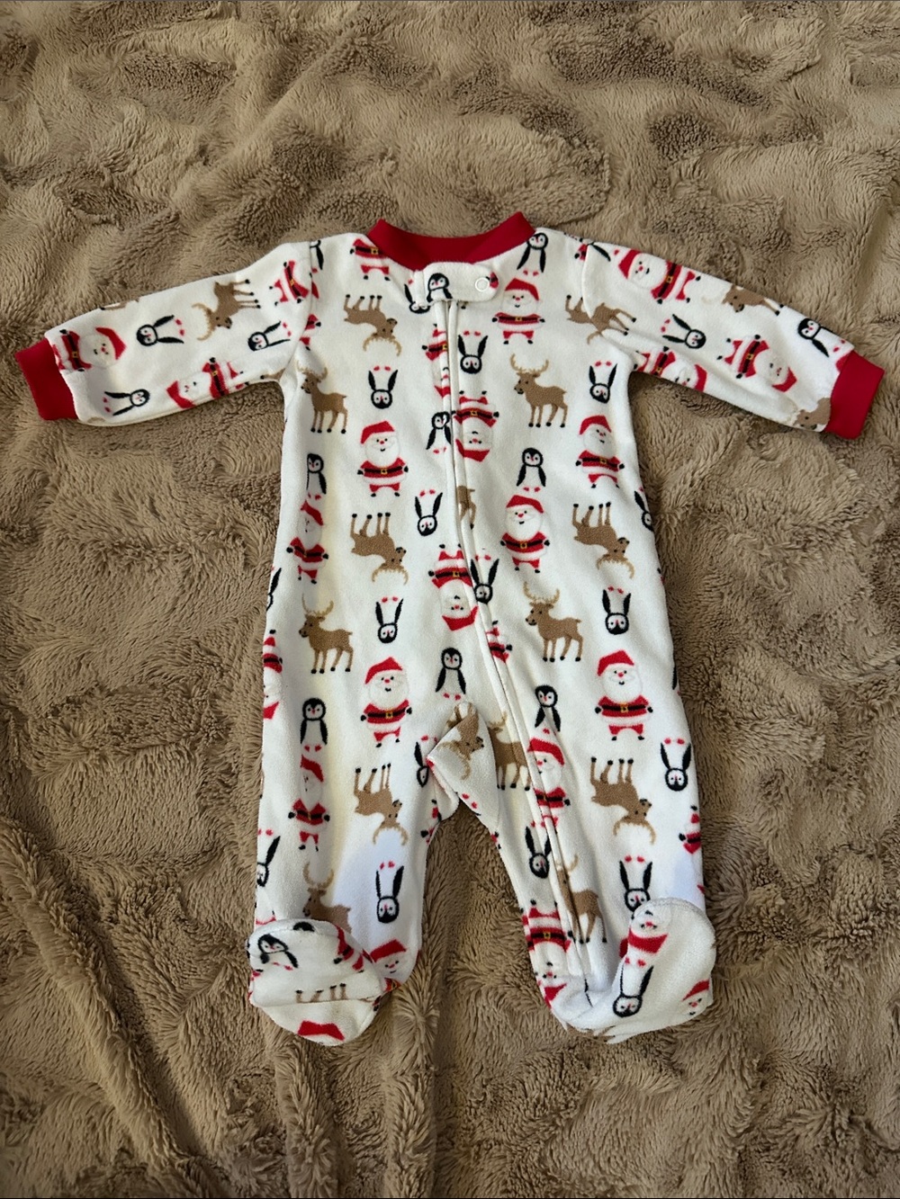 Holiday Fleece Baby One-Piece Pajamas - Red & White, 0-3 months